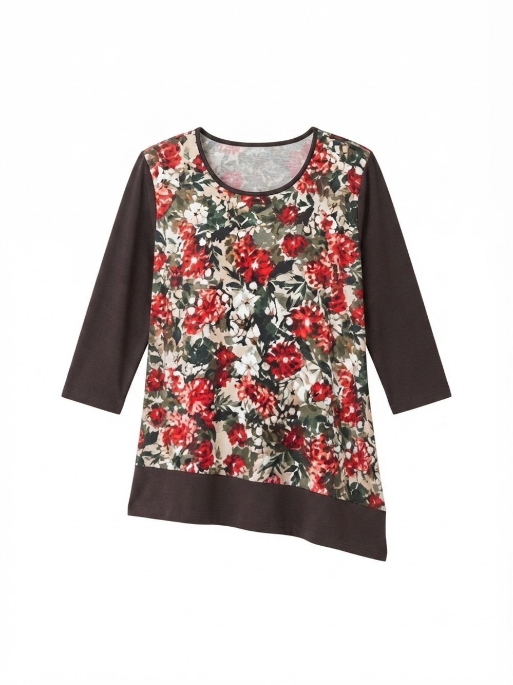 Alyx Floral Front Scoop-Neck Long Sleeve Top with Dark Sleeves